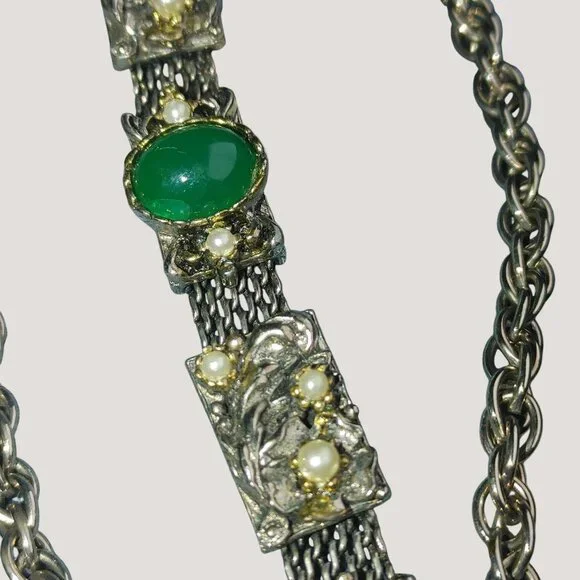 Bracelet Green Stone Cabochons Vintage Art Deco Silver Tone Faux Pearl Accents - Picture 6 of 9